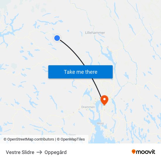 Vestre Slidre to Oppegård map