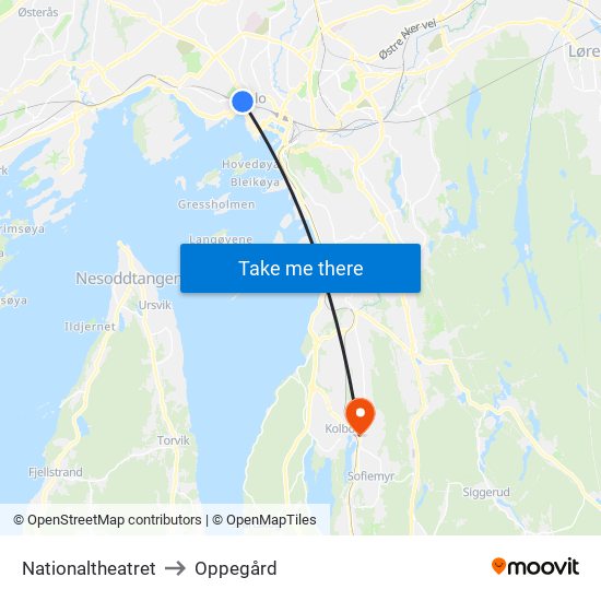 Nationaltheatret to Oppegård map