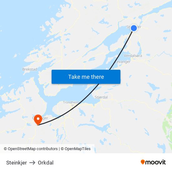 Steinkjer to Orkdal map