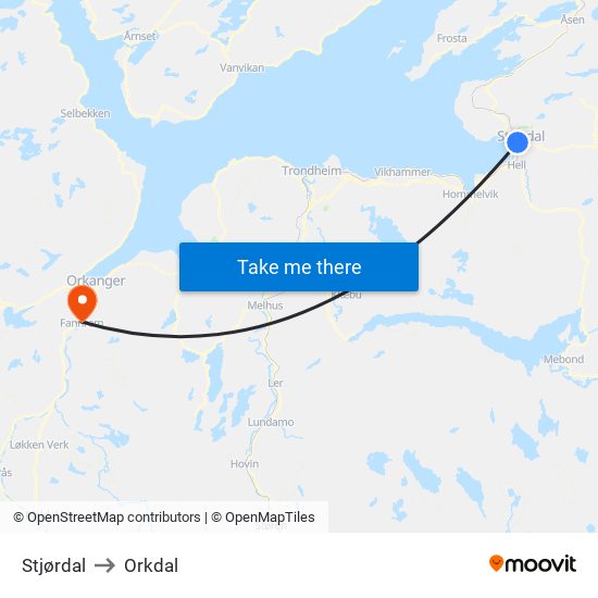 Stjørdal to Orkdal map