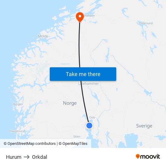 Hurum to Orkdal map