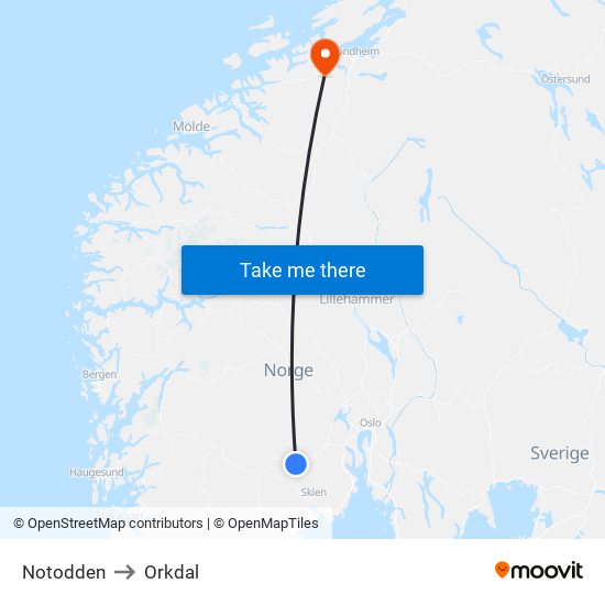 Notodden to Orkdal map