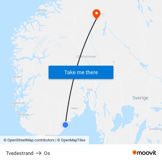 Tvedestrand to Os map