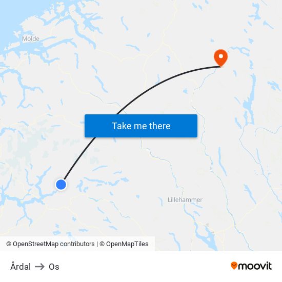 Årdal to Os map