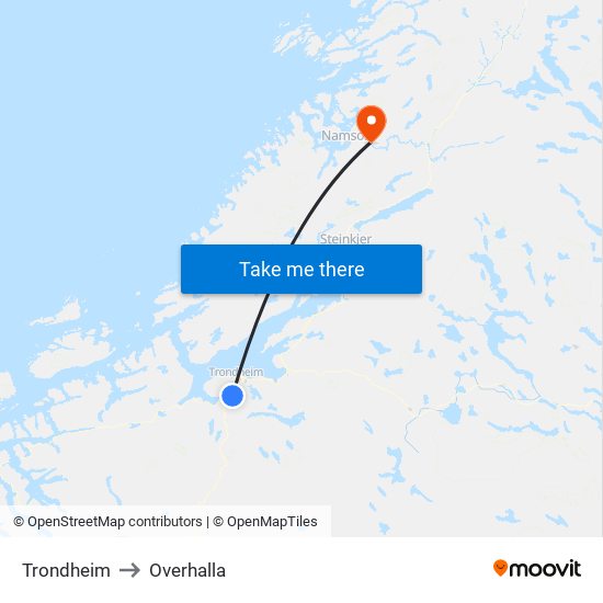 Trondheim to Overhalla map