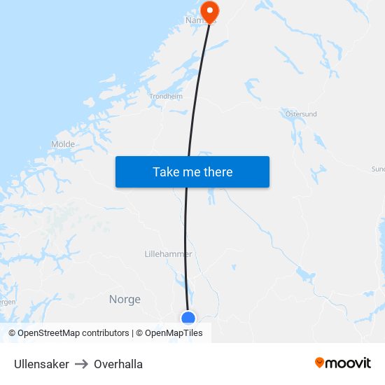 Ullensaker to Overhalla map