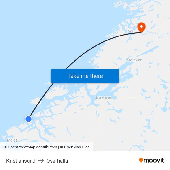 Kristiansund to Overhalla map
