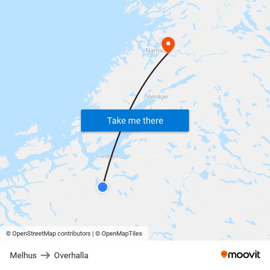 Melhus to Overhalla map