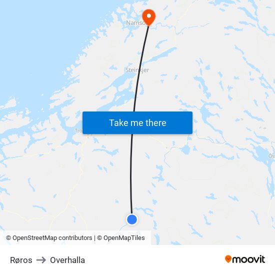 Røros to Overhalla map