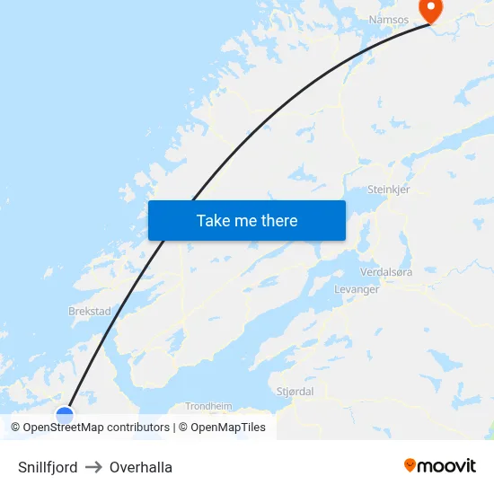Snillfjord to Overhalla map