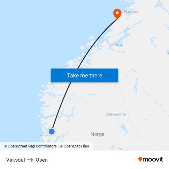 Vaksdal to Osen map