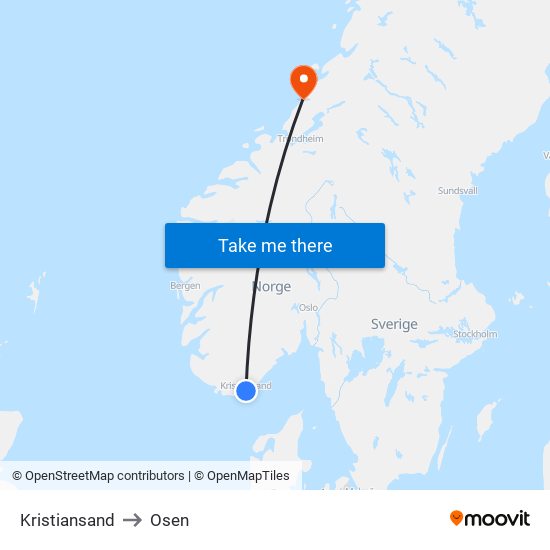 Kristiansand to Osen map