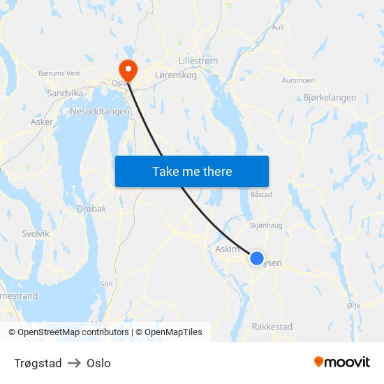 Trøgstad to Oslo map