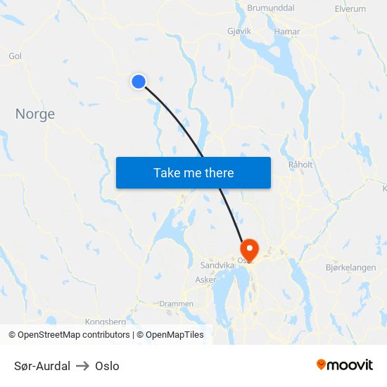 Sør-Aurdal to Oslo map