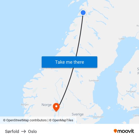 Sørfold to Oslo map