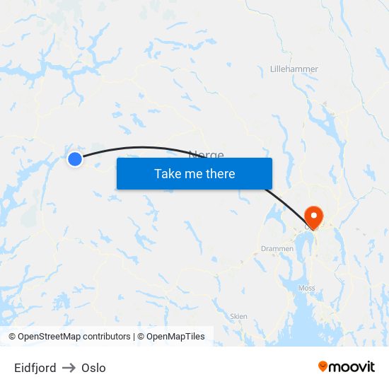 Eidfjord to Oslo map