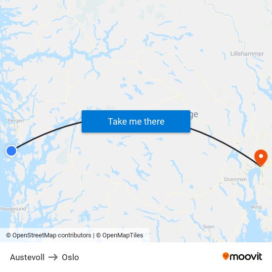 Austevoll to Oslo map
