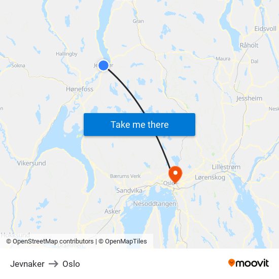 Jevnaker to Oslo map