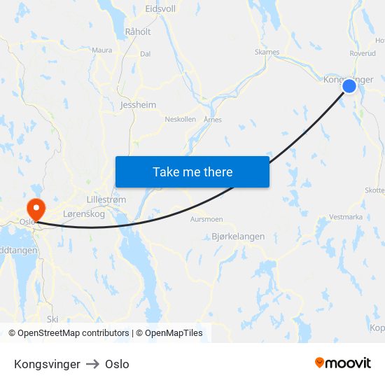 Kongsvinger to Oslo map