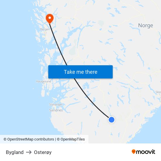 Bygland to Osterøy map