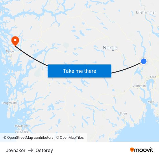 Jevnaker to Osterøy map