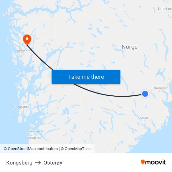 Kongsberg to Osterøy map