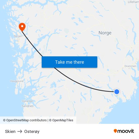 Skien to Osterøy map