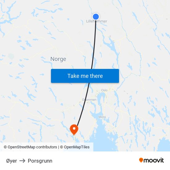 Øyer to Porsgrunn map