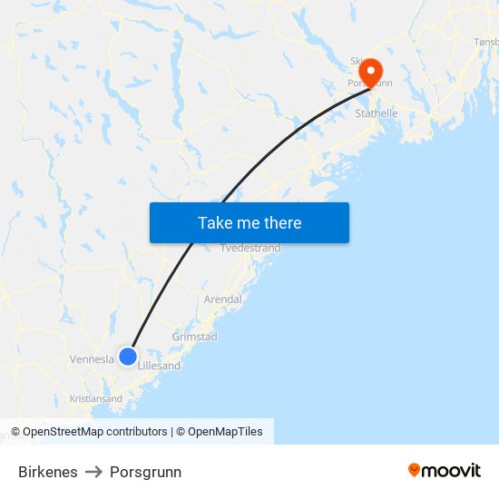 Birkenes to Porsgrunn map