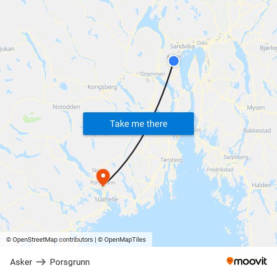 Asker to Porsgrunn map