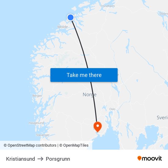 Kristiansund to Porsgrunn map