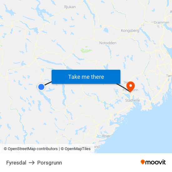 Fyresdal to Porsgrunn map