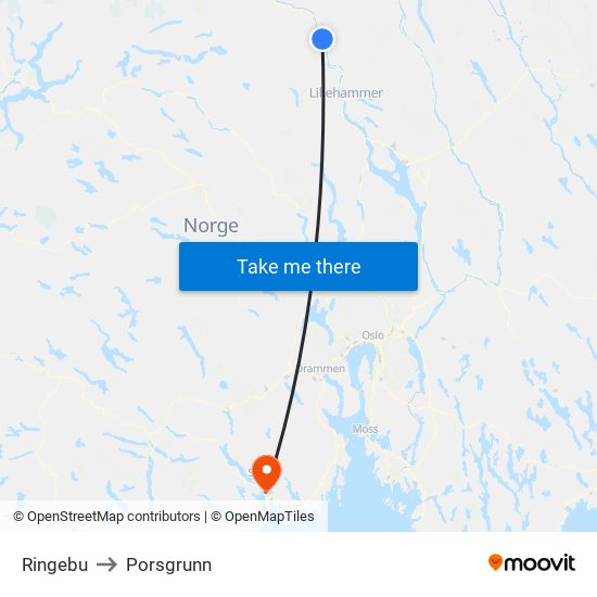 Ringebu to Porsgrunn map