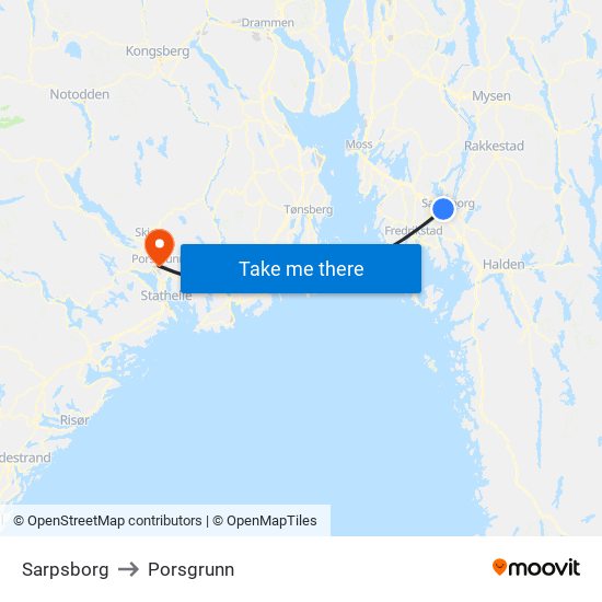 Sarpsborg to Porsgrunn map