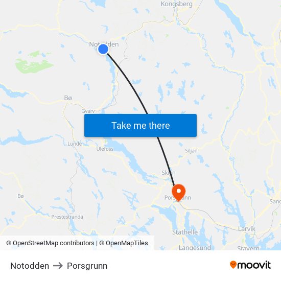 Notodden to Porsgrunn map