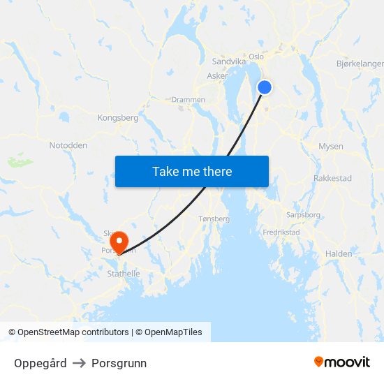 Oppegård to Porsgrunn map