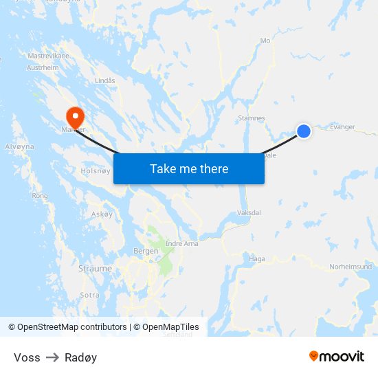 Voss to Radøy map