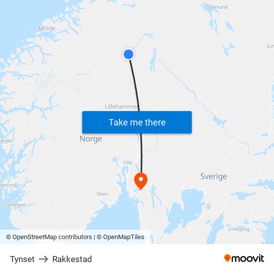 Tynset to Rakkestad map