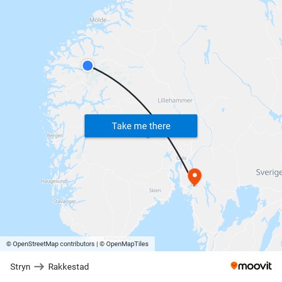 Stryn to Rakkestad map