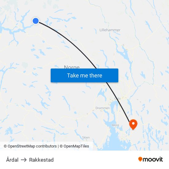 Årdal to Rakkestad map
