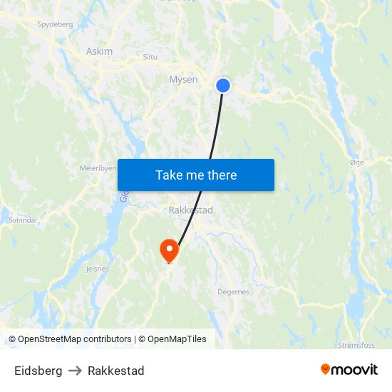 Eidsberg to Rakkestad map