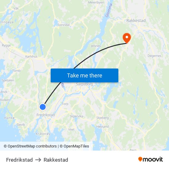 Fredrikstad to Rakkestad map