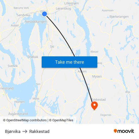 Bjørvika to Rakkestad map