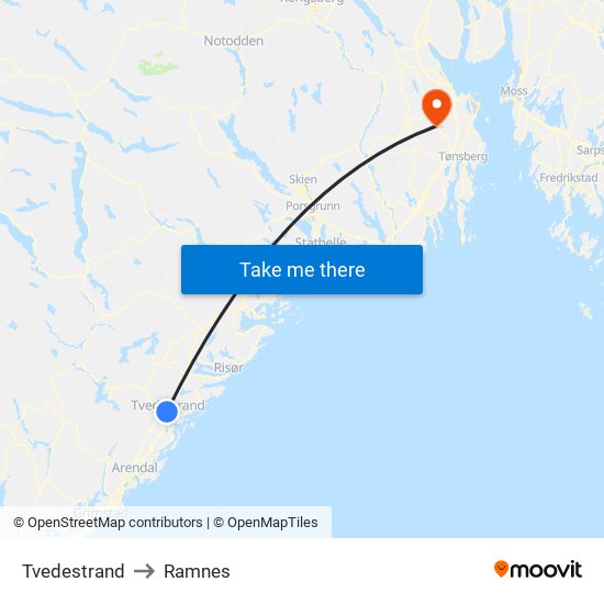 Tvedestrand to Ramnes map