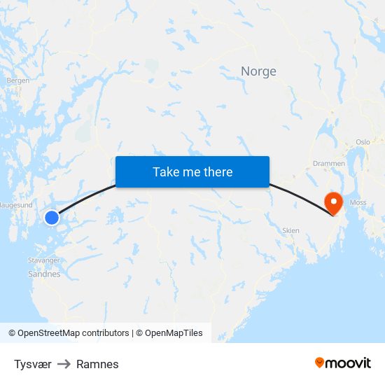 Tysvær to Ramnes map