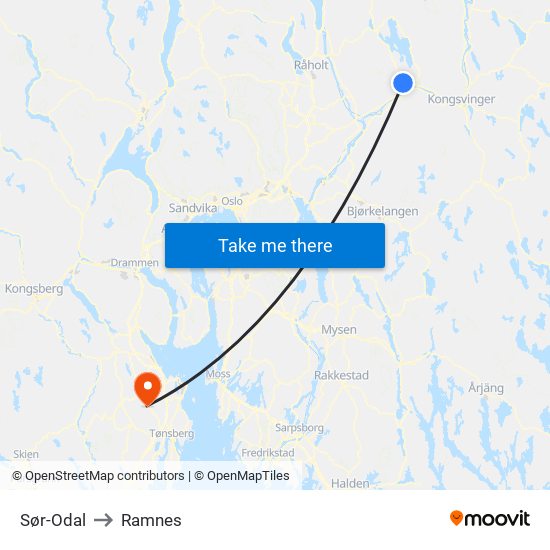 Sør-Odal to Ramnes map