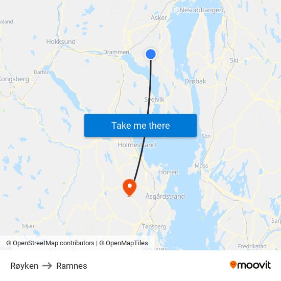 Røyken to Ramnes map