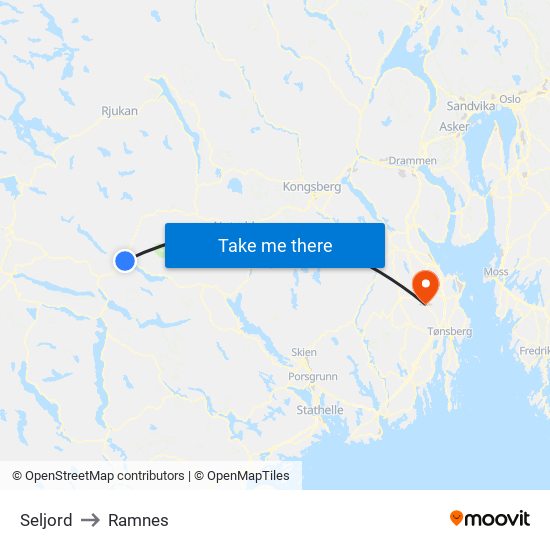 Seljord to Ramnes map
