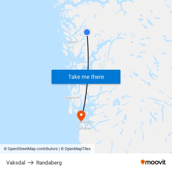 Vaksdal to Randaberg map