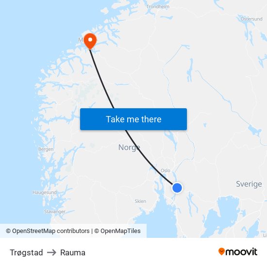 Trøgstad to Rauma map